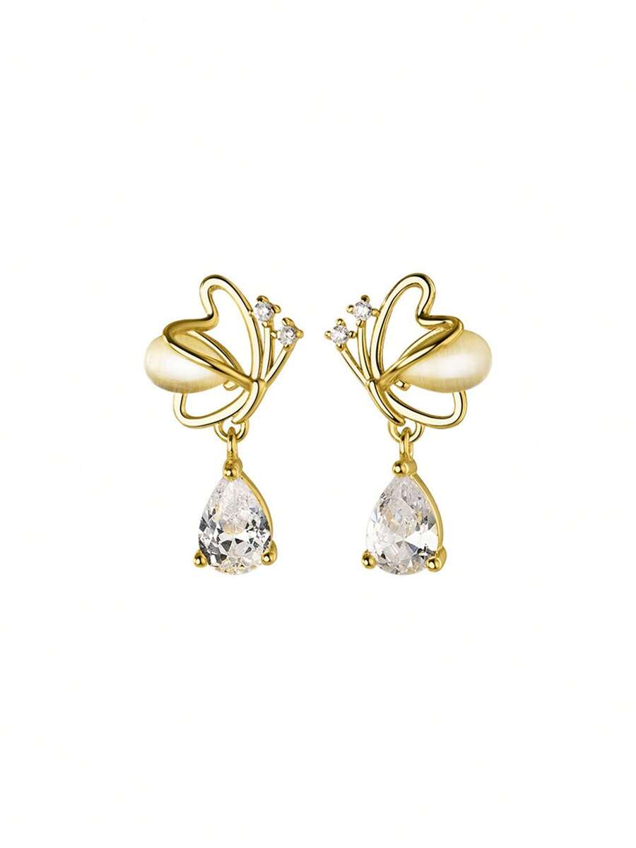 BALMORA 2 PCS S925 Sterling Silver Sweet Elegant Hollow Butterfly Water Droplet Zirconia Pendant Earrings For Women Valentine Day Gifts Daily Party Accessories