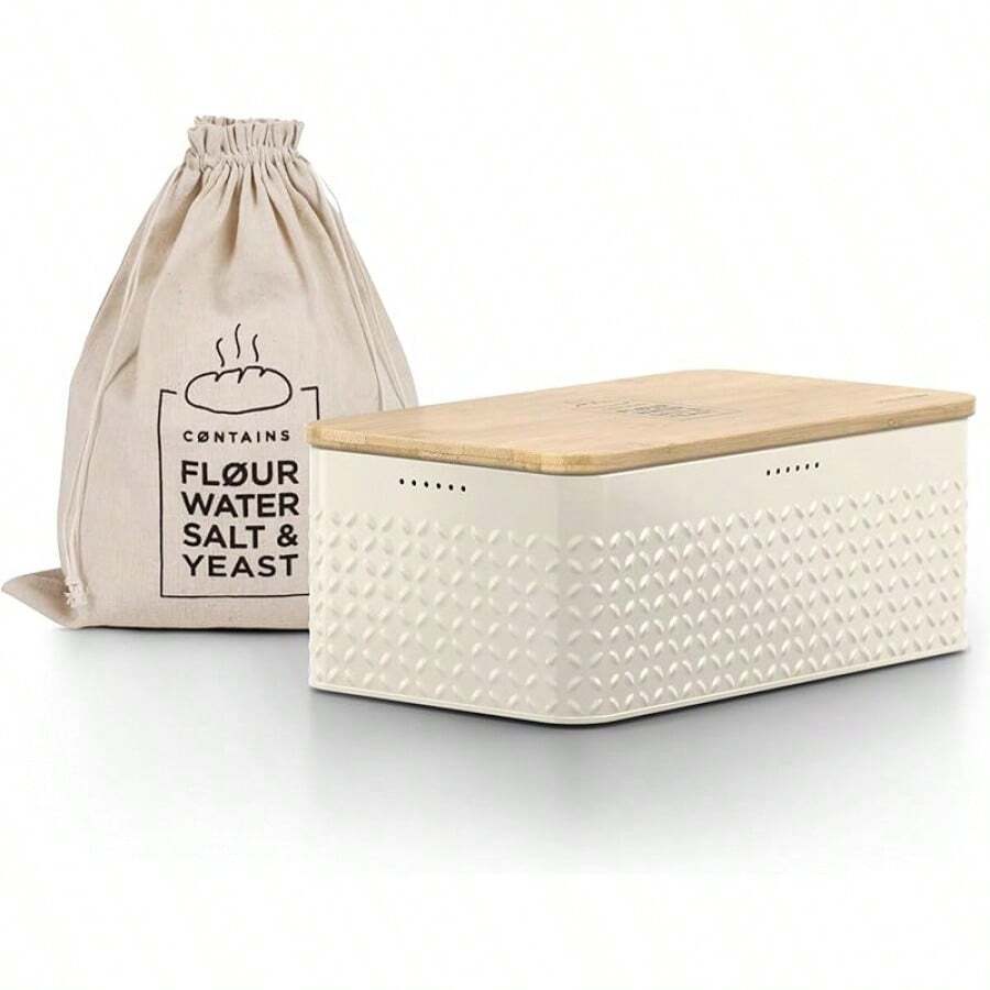 LARS NYSØM Bread Box I Metal Box With Linen Bag For Long Lasting Freshness I Bread Bin With Bamboo Lid Usable As Cutting Board I 13.4x7.3x5.3In (Sage Green) - Almond Beige - 查看 1