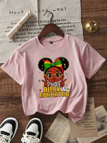 Camiseta de manga corta con cuello redondo, estampada en negro, informal, para niñas y adolescentes estudiantes, verano - Rosa - Ver 2