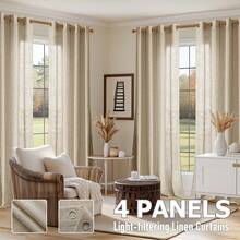 4 Panels Light Filtering Linen Textured Polyester Blend Semi-Sheer Grommet Curtain, Privacy Protection, Grommet Curtains For Living Room, Bedroom, Or Dining Room, Farmhouse - 米色 - 查看 1