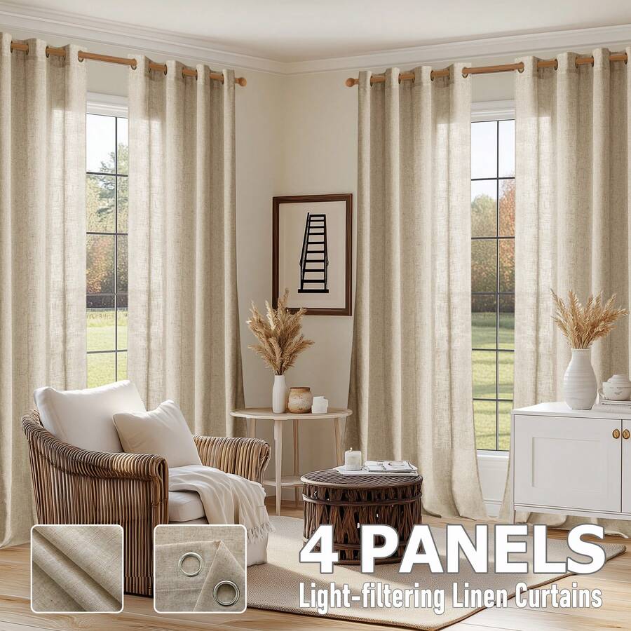 4 Panels Light Filtering Linen Textured Polyester Blend Semi-Sheer Grommet Curtain, Privacy Protection, Grommet Curtains For Living Room, Bedroom, Or Dining Room, Farmhouse - 米色 - 查看 1