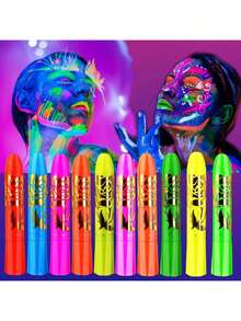 12色夜光面部及身体彩绘蜡笔，适用于万圣节服装派对，霓虹黑光荧光面部及身体彩绘，适合儿童和成人，万圣节嘉年华霓虹面部彩绘蜡笔 - 彩色 - 查看 7