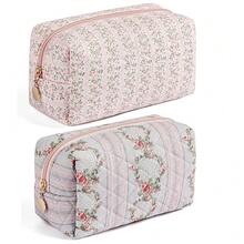 Makeup Bag Travel Cosmetic Bag For Women Girls, Zipper Make Up Pouch, Floral Flowers Toiletry Organizer Makeup, Portable Storage Bag, Cosmetic Travel Cloth Bag (Pink+Blue){"Color_name":"TwoPack:(Pink+Blue)"} - 兩件裝:(粉紅色+藍色) - 查看 1