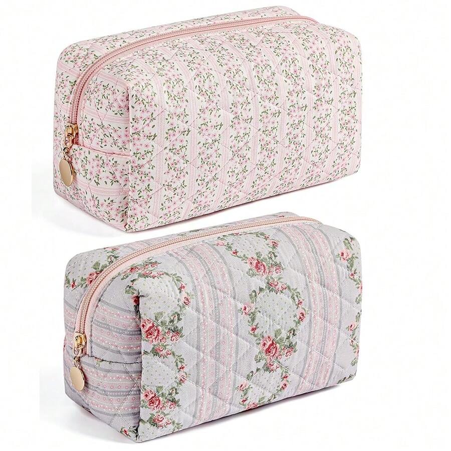 Makeup Bag Travel Cosmetic Bag For Women Girls, Zipper Make Up Pouch, Floral Flowers Toiletry Organizer Makeup, Portable Storage Bag, Cosmetic Travel Cloth Bag (Pink+Blue){"Color_name":"TwoPack:(Pink+Blue)"} - 兩件裝:(粉紅色+藍色) - 查看 1