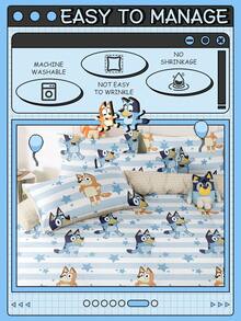 Bluey 布鲁伊 (Bruie) 2/3 件套床上用品套装，布鲁伊 (Bruie) 品牌，舒适透气，亲肤，卡通风格被套套装，包含被套和枕套（不含被芯），适用于单人床、双人床、大号床、特大号床，四季皆宜。 - 藍白色 - 查看 6