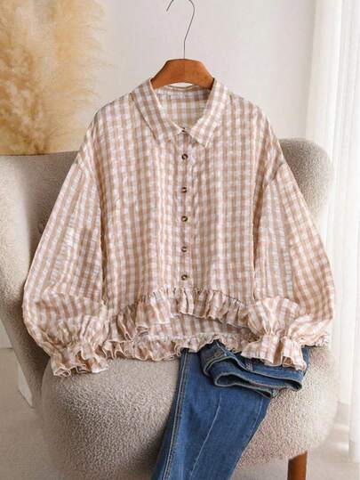 Plaid Shirt With Ruffle Trim, Button Front, Short Front Long Back, Pleated Ruffle Hem/Ruffle Vacation