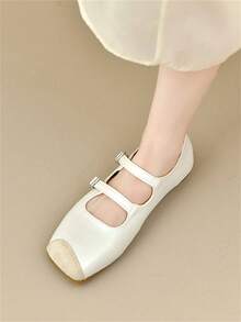 Women's Square Toe Mary Jane Shoes, Patchwork Double Buckle Strap Flats, Comfortable Low-Cut Soft Bottom Casual Shoes For All Seasons - Beige - View 8