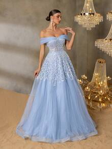 优雅珠饰亮片美人鱼晚礼服 - 露肩设计，饰以渐变珠饰和薄纱层叠，及地长裙摆，适合晚宴、新娘活动和红毯盛典。 - 淺藍色 - 查看 1