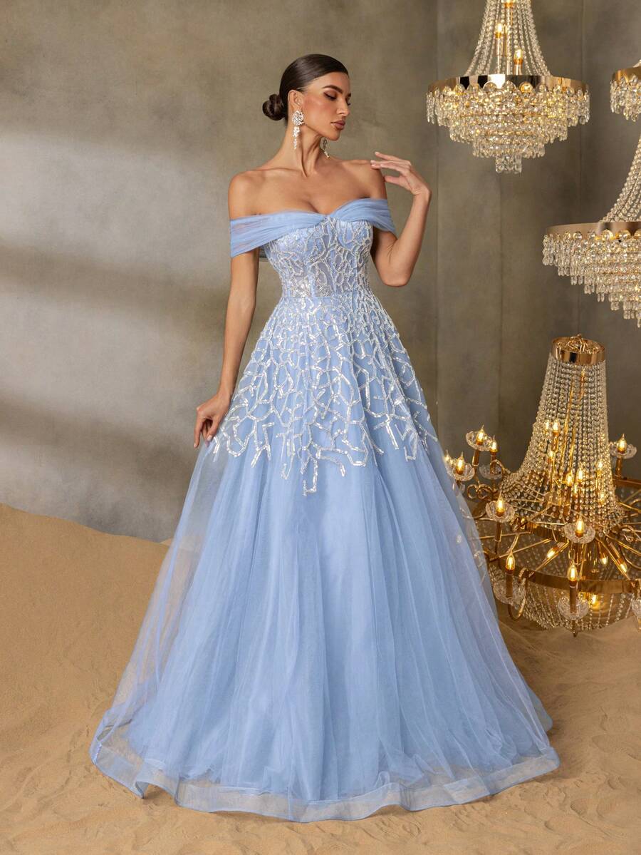 优雅珠饰亮片美人鱼晚礼服 - 露肩设计，饰以渐变珠饰和薄纱层叠，及地长裙摆，适合晚宴、新娘活动和红毯盛典。 - 淺藍色 - 查看 1