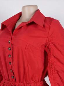 Women's Button Ruched Bubble Playsuits Long Sleeve Drawstring Shorts Shirt Jumpsuit Rompers One Piece Outfits, Spring Fall Winter Clothes - Red - View 5