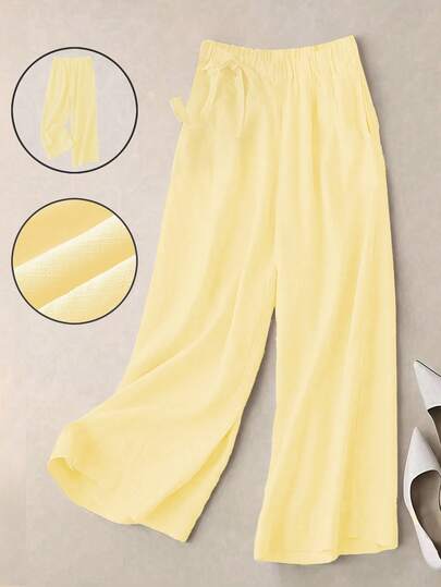 Spring/Summer New Arrival, Commute & Casual Friendly, High-Waisted Side Tie Wide Leg Pants In Soft Beige. Made Of Flowy Linen Blend Fabric, Crafted In 7/8 Length. Elastic Waistband Design For A Slimmer, Taller Look. Pockets For Comfort & Breathability. Solid Color, Versatile For Commute & Casual Wear. Relaxed Fit, Fashionable & Elegant. Suitable For Women's Valentine's Day & Vacation Outfits