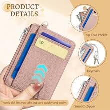 Cute Credit Card Holder Small Wallet Women, Minimalist Slim RFID Blocking Wallet Woman Keychain With Zipper Coin Pocket, Front Pocket Thin Travel Card Case Organizer ID Window Ladies Gifts{"Color_name":"SolidPK"} - 多色7 - 查看 7