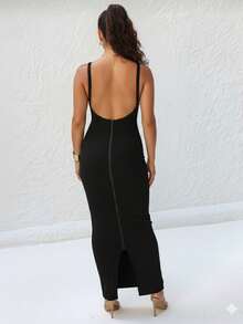 Women's Long Strappy Dress With Backless And Zipper - Elengance - 黑色 - 查看 2