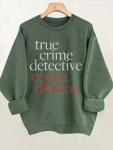 Women'S "True Crime Detective Couch Division" Graphic Sweatshirt - Beige Casual Pullover With Geometric Pattern, Regular Fit, All-Season Comfort, Cozy Clothing |   Playful Design |   Stretchy Fabric-Unisex Vintage Cotton Tee Black White - Loose Fit For American Music Festival Camping & Shows Everyday Wear Comfortable Crew Neck Sweatshirt For Everyday Wear - 軍綠色 - 查看 5
