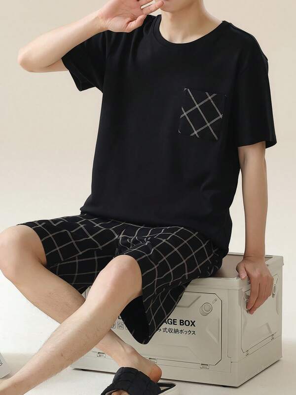 AICJ مجموعة بيجامة رجالية من قطعتين، لون أحادي، فضفاضة، بسيطة، جيب، رقبة دائرية، أكمام قصيرة، شورت مربع، مناسبة للربيع/الصيف