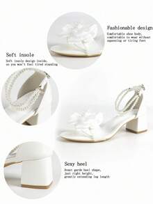 Damen Perlen Kette Schleife Dekor Satin weiße Plateau 5cm Absatz Sandalen, vielseitig für verschiedene Anlässe, Sommer