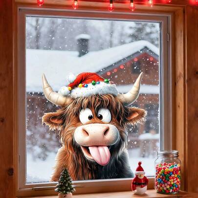 1pc Christmas Funny Yak Window Sticker, Reusable Winter Glass Door And Window Static Adsorption Sticker, Holiday Home Window Decal School Office Glass Decoration