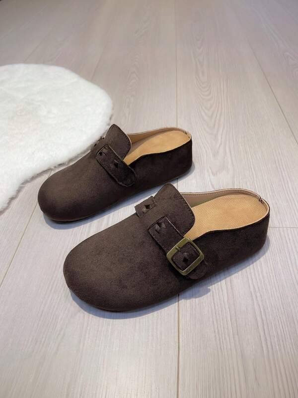 Sandalias de mujer estilo Birkenstocks de uso casual, con parte superior color café y decoración de hebilla metálica, punta redonda, suela de goma antideslizante, zapatos planos de moda para playa y vacaciones