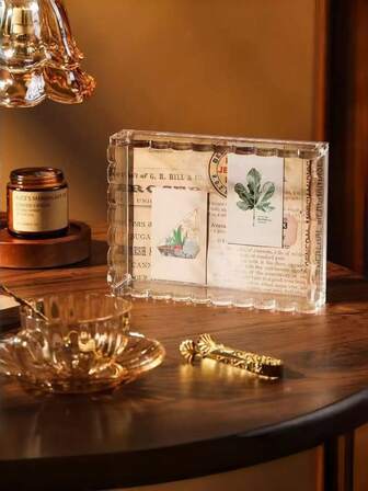 1pc Acrylic Tray Transparent Fan-Shaped Wavy Edge Creative Tissue Box, Desktop Dried Flower Stamp Magnetic Photo Frame, Classic Geometric Acrylic Decorative Storage Tray With Magnetic Display Stand