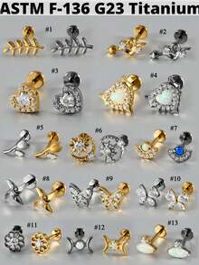 G23 钛金蝴蝶氧化锆唇钉内螺纹蛋白石月亮耳轮耳屏软骨耳轮耳环身体穿孔珠宝 - 如圖 - 查看 2