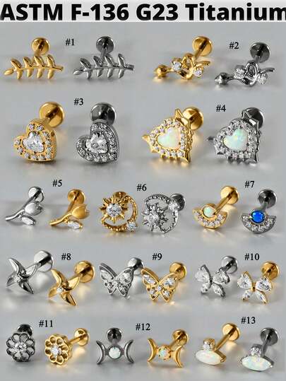 G23 钛金蝴蝶氧化锆唇钉内螺纹蛋白石月亮耳轮耳屏软骨耳轮耳环身体穿孔珠宝