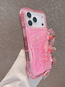 Three In One Phone Case For IPhone 17 Pro Max With Shiny Glitter And Resin Reinforced Shockproof Phone Case With Wristband High Quality And Excellent Value Shockproof Phone Case - Pink - View 6