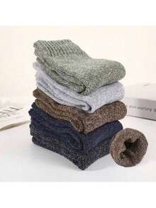 5 Pairs Of Mixed Color Men's Mid Length Socks, Warm And Thick Winter Long Socks, Knitted Fabric, Crew Socks Plush Couple Socks