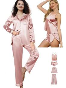 4Pcs Womens Silk Pajama Sets Satin Pajamas Set Sexy Cami Lingerie Pjs Nightwear Silky Pj Loungewear Sleepwearhalloween - 淡玫瑰色 - 查看 12