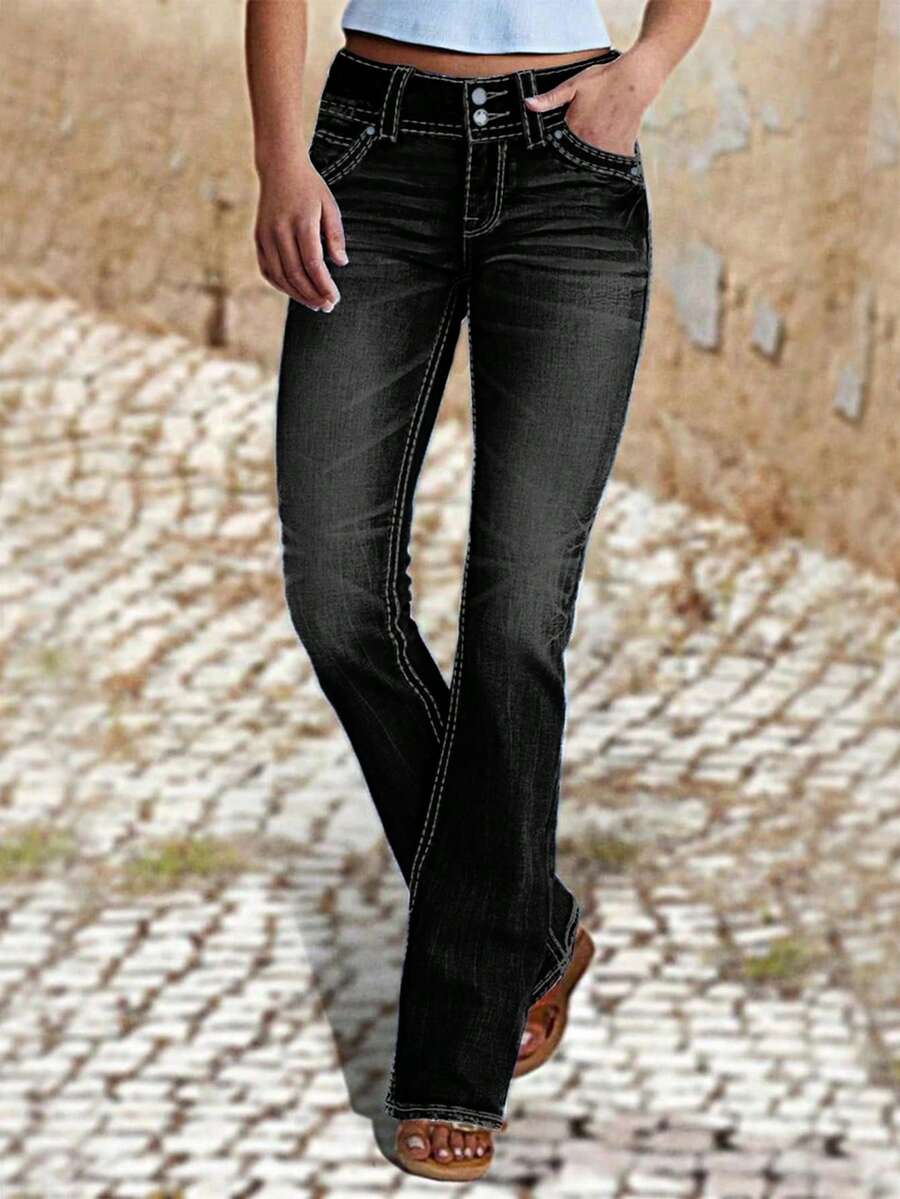 Women's Stretch Double Breasted Micro Flared Jeans, Soft Plain Denim, Classic Basic Style, Comfortable Fit, Suitable For All Seasons - A Must-Have Denim Pants For Women - 黑色 - 查看 1