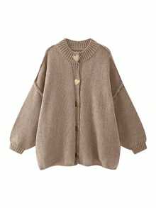 Women's Elegant Vintage-Style Casual Business Commute Cardigan, Korean Fashion Metal Heart Button Loose Long Sleeve Knit Sweater, Suitable For Spring, Autumn And Winter - Light Khaki - View 4