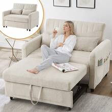 [Sofa Bed With Sleeping Function] Two-Seater Folding Sofa, Extendable Design, Simple And Modern Style, Three-Step Adjustable Backrest, Breathable Cotton And Linen Fabric - Beige + Foam + 2 Seat - View 3
