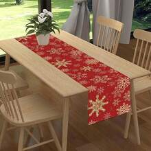 1pc Red Winter Christmas Golden Snowflake Christmas Table Runner, Holiday Kitchen Dining Table Decor, Suitable For Festival Living Room Family Gathering