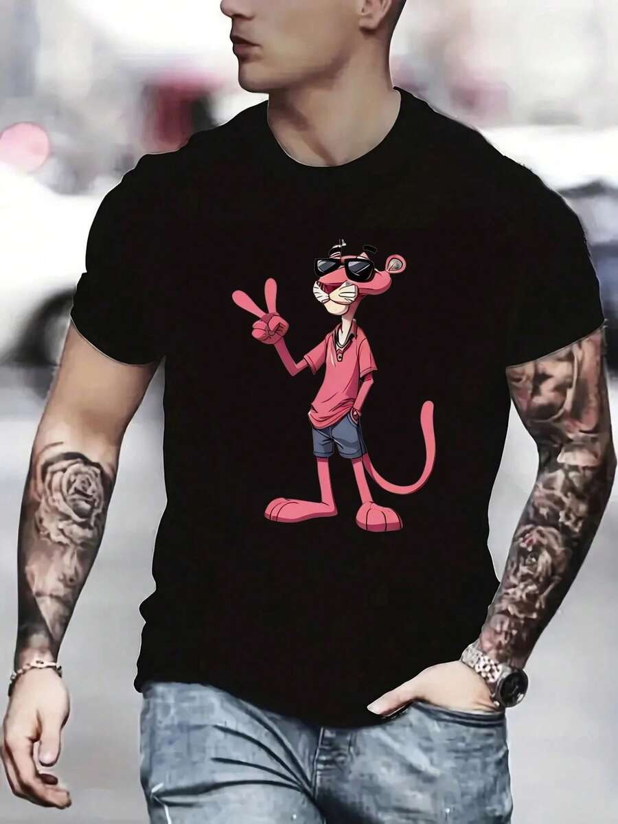 Men's  Graphic Tee, Premium Cotton Blend, Comfortable, Relaxed Fit, Essential, Durable And Basic. - 黑色 - 查看 1