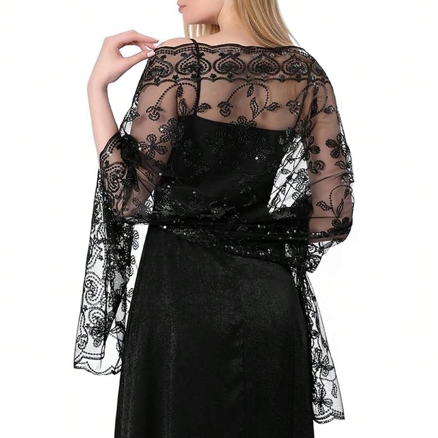 Shawls And Wraps For Evening Dresses,Women Formal 1920s Sequin Flower Sheer Shawls And Wraps For Wedding-{"Color_name":"Black"} - Black - View 1