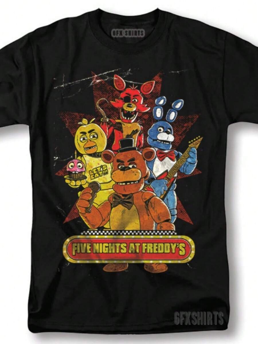 Five Shirt FNAF Help Wanted Fazbear Graphic Design T-Shirt - 黑色 - 查看 1