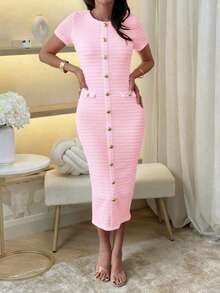 Unadoll Women's Short Sleeved Round Neck Zipper, Fake Buckle Design, Slit, Elegant Temperament Pink Winter Dress, Suitable For Dates, Commuting, Weddings, Christmas, Thanksgiving Wearing