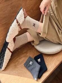 女士加厚保暖罗纹蝴蝶结印花袜，百搭日式秋冬中筒袜 - 彩色 - 查看 4