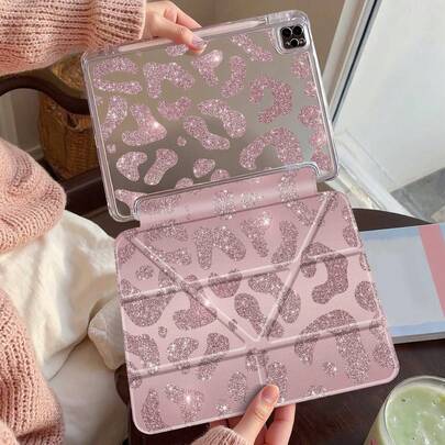 豹纹/猎豹纹亮粉色双面亚克力透明水晶平板电脑保护套。兼容 iPad 11 (2025/10.9)/Air 4/5/6/7 (2025/10.2)/Pro 11/10/9.7/10.5 和 Galaxy Tab。具备睡眠/唤醒功能和多角度可折叠支架。时尚简约的豹纹图案是日常平板电脑保护的理想之选，也是一份精美的礼物。