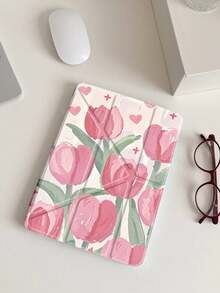 Pink Tulip Pattern Protective Case, Compatible With IPad 10th Gen, 10.2", Mini 6", Mini 7", And 9.7" Models. Also Compatible With Samsung Galaxy Tab A9 Plus. Features 3+Y Folding Design, Reinforced Silicone Corners, Auto Wake/Sleep Function, And Built-In Stylus Slot. - Multicolor - View 6