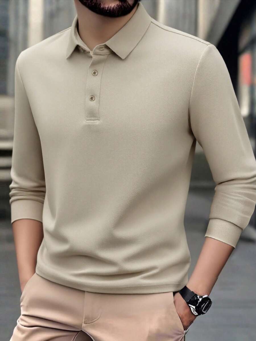 Áo polo nam dài tay, chất liệu polyester nhẹ, dáng rộng, màu trơn đơn giản, phù hợp cho công sở/học đường. - Màu Khaki - Xem 1