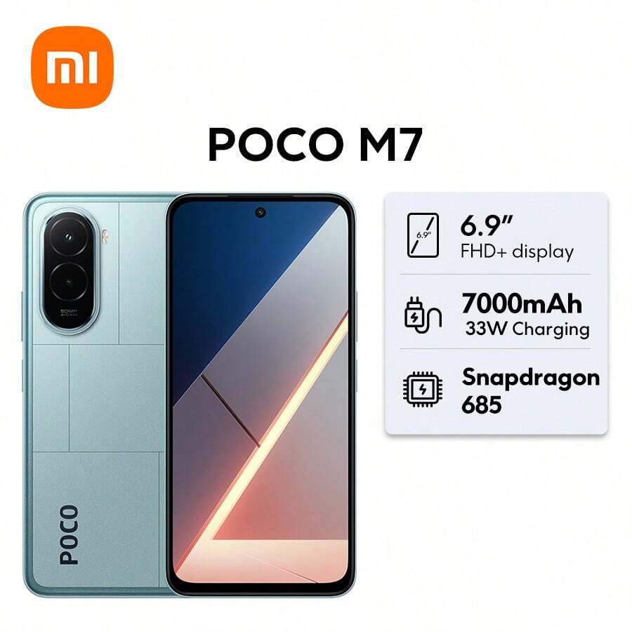 POCO M7 Global Version Smartphone NFC Massive 7000mAh (Typ) Battery 33W Fast And 18W Reverse Charging Immersive 6.9" FHD+ Display 144Hz AdaptiveSync Refresh Rate Powerful Snapdragon® 685 Up To 16GB RAM With Memory Extension Clear 50MP AI Dual Camera Xiaomi HyperOS 2 IP64 Side Fingerprint Sensor AI Face Unlock - Blue - View 1