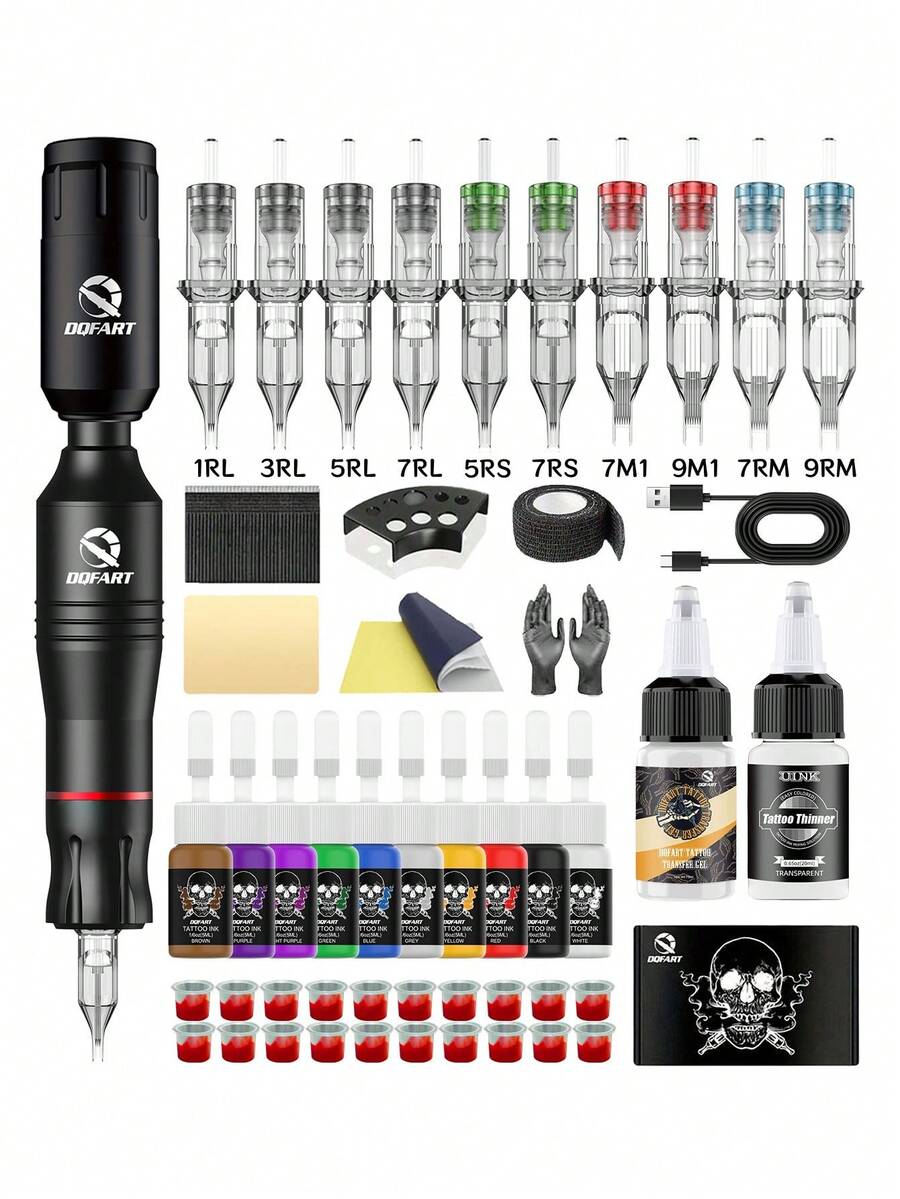 DQFART Wireless Tattoo Gun Kit, Includes 1200mAh Tattoo Battery, Digital Display, Tattoo Pen Set, Suitable For Beginners And Tattoo Artists, Comes With 10 Tattoo Needles, 10 Tattoo Inks, Tattoo Transfer Gel, Tattoo Ink Diluter, Various Tattoo Supplies And Accessories, Excellent Performance, Suitable For Halloween, Christmas And Other Occasions. - Black - View 1