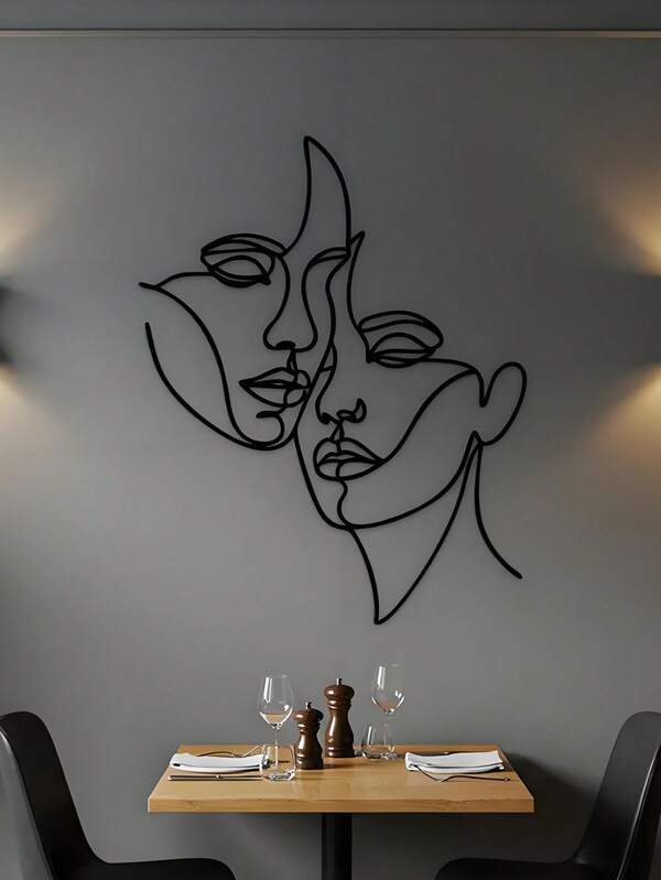 1 pieza Decoración de pared de metal con rostros abstractos duales, arte de línea negra minimalista para el hogar moderno, decoración de pared para la entrada, pieza de declaración para la sala de estar