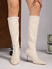 Square Toe Thick Heel Side Zipper Super High Heel Suede Minimalist Style Knee-High Boots For Women