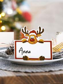 Segnaposto natalizi, segnaposto da tavola con renne, stampati con renne carine e puntini dorati - segnaposto per feste rosse e marroni con bordi bianchi, etichette per la decorazione festiva della tavola, senza alimentazione elettrica, facili da scrivere, materiale di carta durevole per feste natalizie, essenziali per apparecchiare la tavola in modo festivo, con motivo di renne e cappello di Babbo Natale, ideali per feste di Natale, dettagli fatti a mano, per intrattenimento domestico