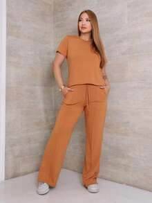 Women's Set Of Wide Leg Pants And Comfortable Sweatshirt Top Summer - Camel - View 1