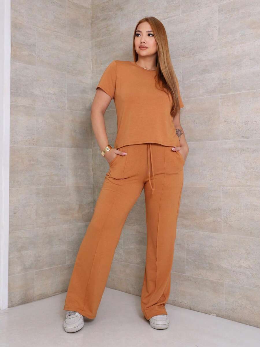 Women's Set Of Wide Leg Pants And Comfortable Sweatshirt Top Summer - Camel - View 1