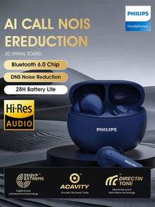 Philips True Wireless Bluetooth Earbuds TAT1320，In-ear, High-fidelity Sound, Call Noise Cancellation, Universal for Android iOS