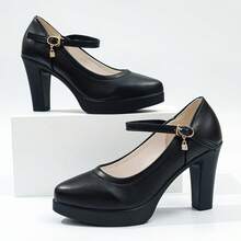 Versatile Black High Heels For Commuting, Chunky-Heeled Mary Janes, Spring Waterproof Platform Thick-Soled Work Shoes, Comfortable And Non-Tiring, Pumps With Metal Buckles And Patent Leather Shoes For Women. - 黑色 - 查看 5