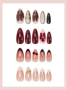 Bộ 96 miếng dán móng tay hình hạnh nhân cỡ trung bình kiểu Pháp, họa tiết hoa, quả anh đào và nơ kim loại, phong cách retro, phù hợp cho phụ nữ và bé gái sử dụng hàng ngày, hẹn hò và dự tiệc. - Nhiều màu - Xem 3